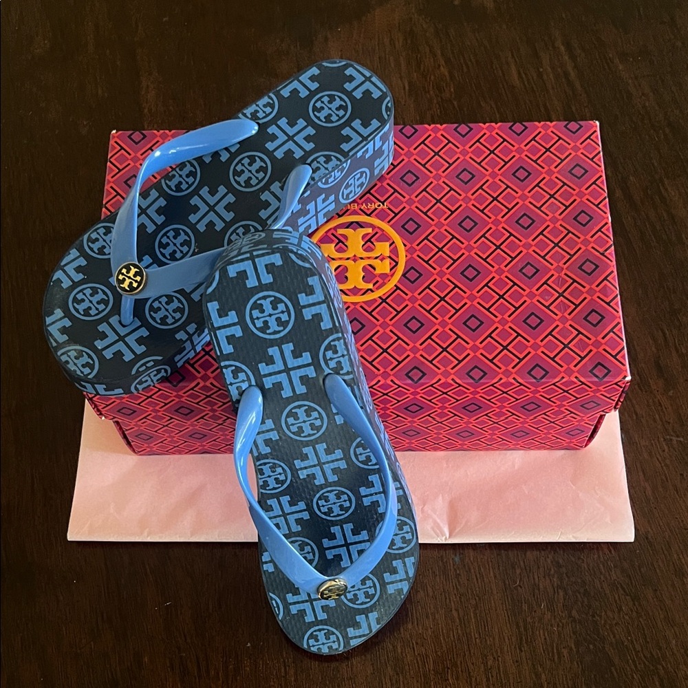 Tory Burch Navy and Light Blue Flip Flops Wedge heel
